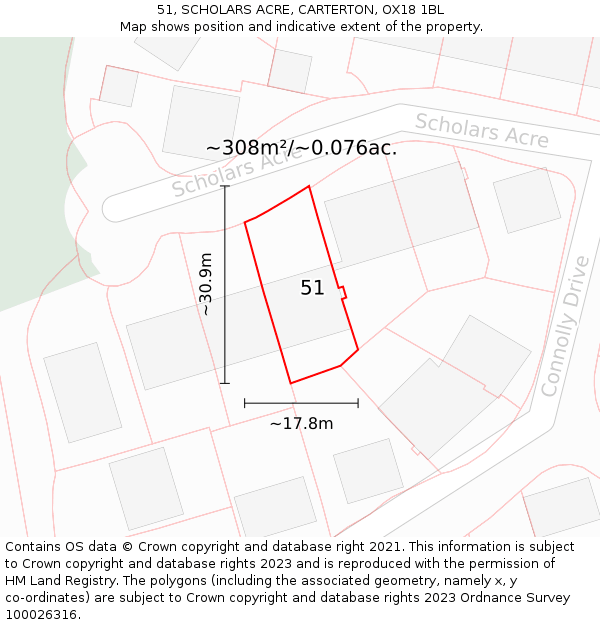 51, SCHOLARS ACRE, CARTERTON, OX18 1BL: Plot and title map