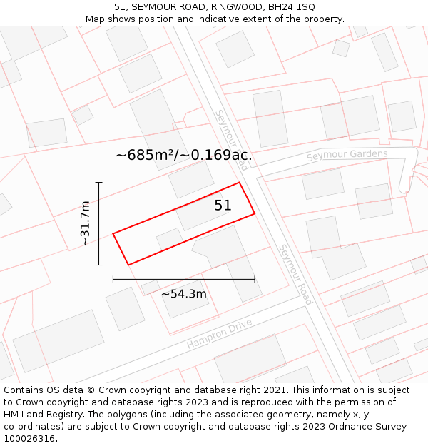 51, SEYMOUR ROAD, RINGWOOD, BH24 1SQ: Plot and title map