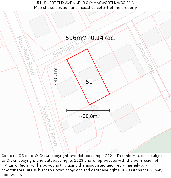 51, SHERFIELD AVENUE, RICKMANSWORTH, WD3 1NN: Plot and title map