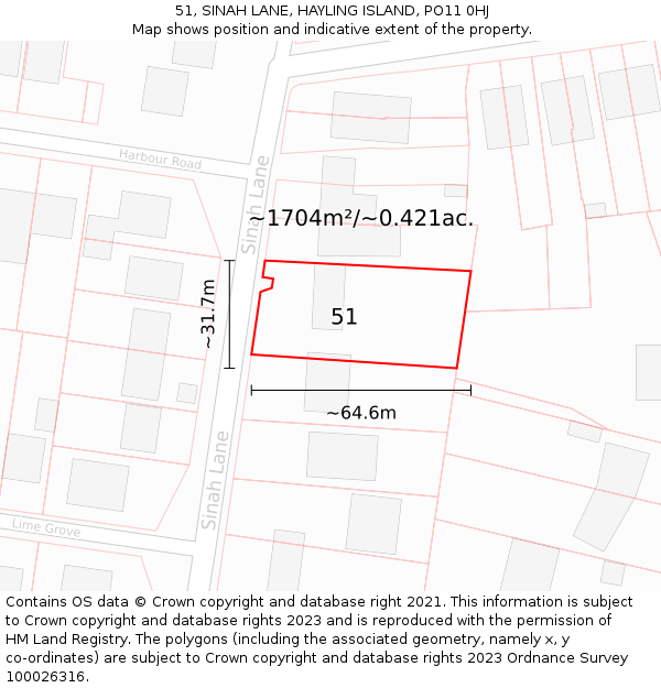 51, SINAH LANE, HAYLING ISLAND, PO11 0HJ: Plot and title map