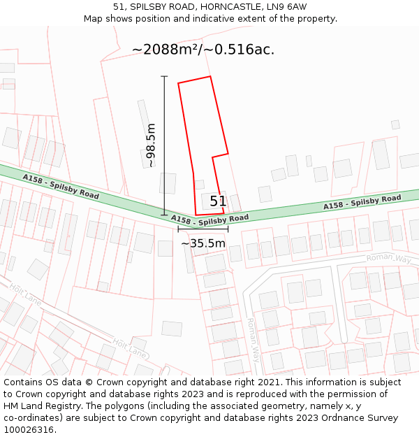 51, SPILSBY ROAD, HORNCASTLE, LN9 6AW: Plot and title map