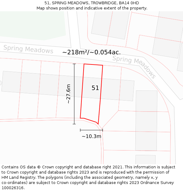 51, SPRING MEADOWS, TROWBRIDGE, BA14 0HD: Plot and title map