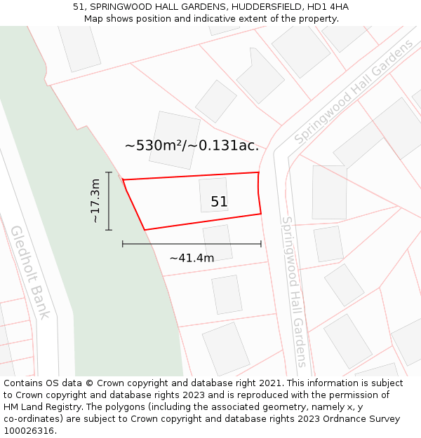 51, SPRINGWOOD HALL GARDENS, HUDDERSFIELD, HD1 4HA: Plot and title map