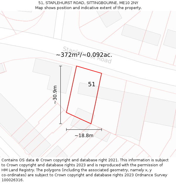 51, STAPLEHURST ROAD, SITTINGBOURNE, ME10 2NY: Plot and title map