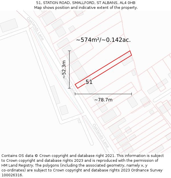 51, STATION ROAD, SMALLFORD, ST ALBANS, AL4 0HB: Plot and title map