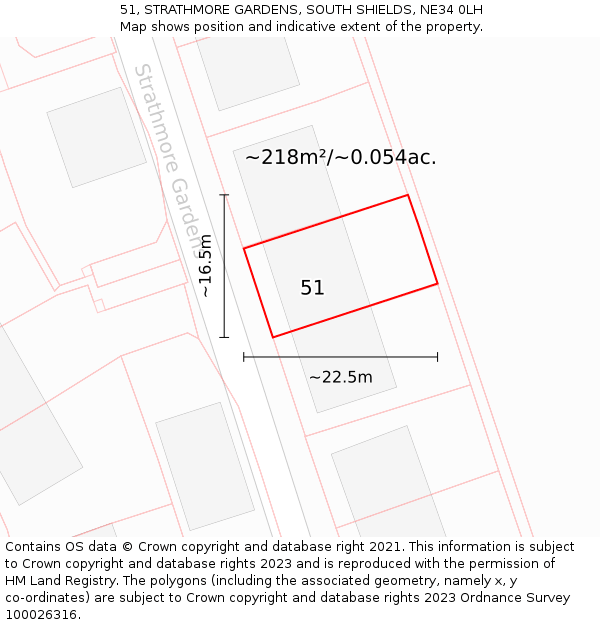 51, STRATHMORE GARDENS, SOUTH SHIELDS, NE34 0LH: Plot and title map