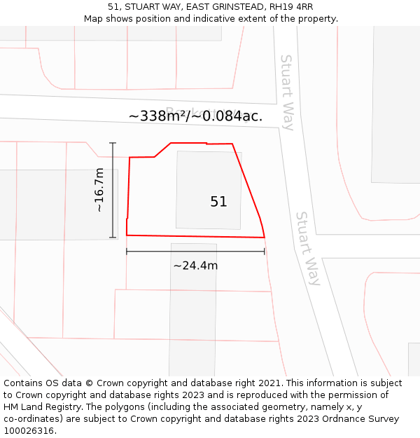 51, STUART WAY, EAST GRINSTEAD, RH19 4RR: Plot and title map