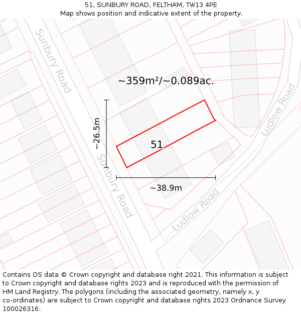 51, SUNBURY ROAD, FELTHAM, TW13 4PE: Plot and title map