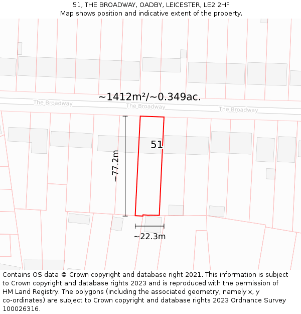 51, THE BROADWAY, OADBY, LEICESTER, LE2 2HF: Plot and title map