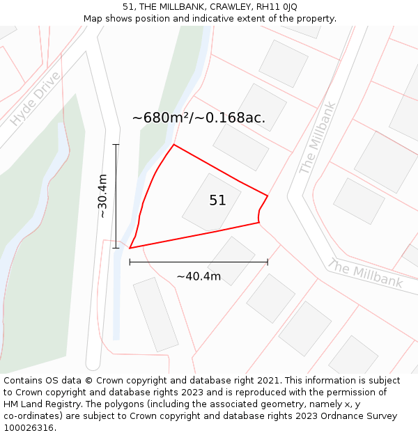 51, THE MILLBANK, CRAWLEY, RH11 0JQ: Plot and title map