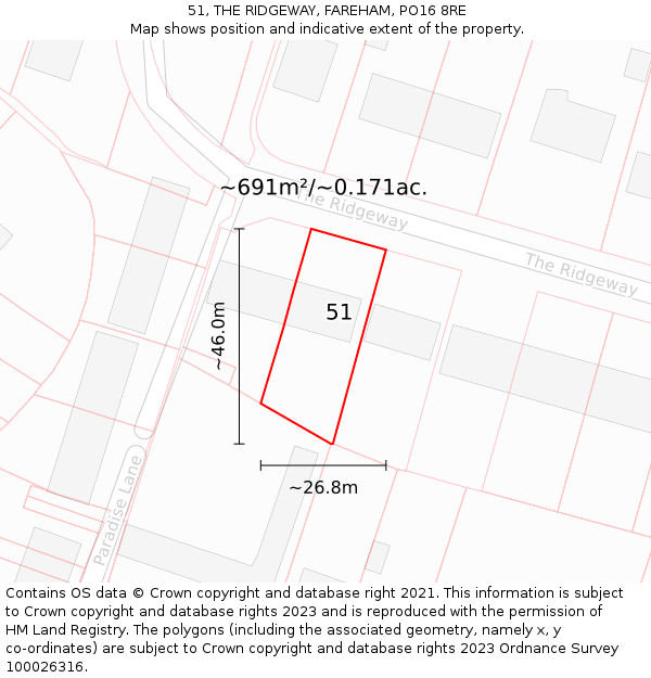 51, THE RIDGEWAY, FAREHAM, PO16 8RE: Plot and title map