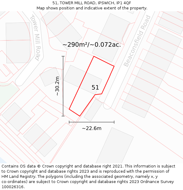 51, TOWER MILL ROAD, IPSWICH, IP1 4QF: Plot and title map
