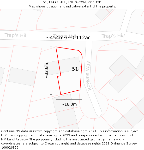 51, TRAPS HILL, LOUGHTON, IG10 1TD: Plot and title map