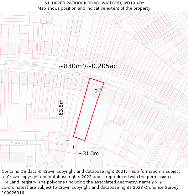 51, UPPER PADDOCK ROAD, WATFORD, WD19 4DY: Plot and title map