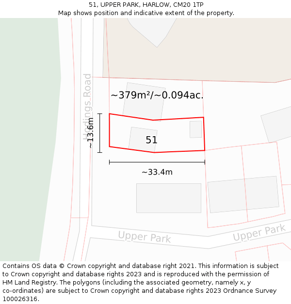 51, UPPER PARK, HARLOW, CM20 1TP: Plot and title map