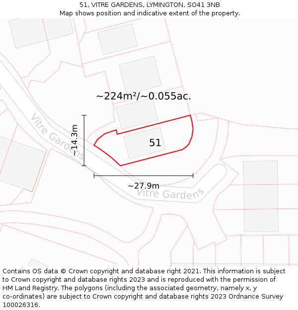 51, VITRE GARDENS, LYMINGTON, SO41 3NB: Plot and title map