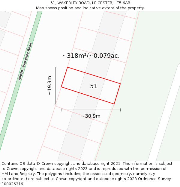 51, WAKERLEY ROAD, LEICESTER, LE5 6AR: Plot and title map
