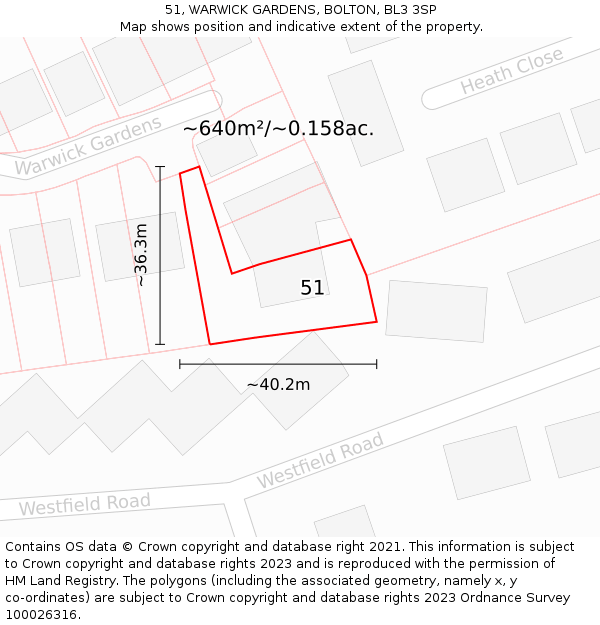 51, WARWICK GARDENS, BOLTON, BL3 3SP: Plot and title map