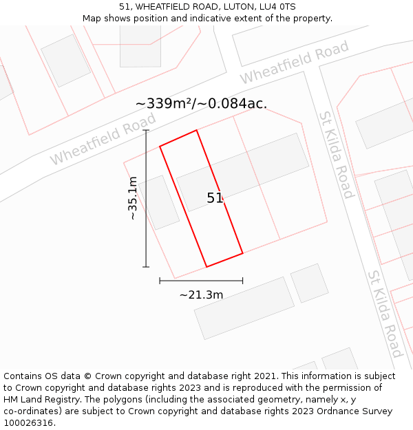 51, WHEATFIELD ROAD, LUTON, LU4 0TS: Plot and title map