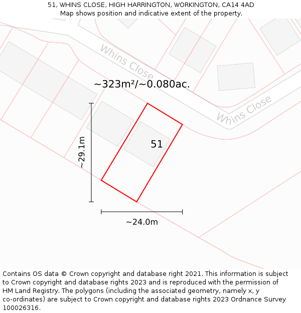 51, WHINS CLOSE, HIGH HARRINGTON, WORKINGTON, CA14 4AD: Plot and title map