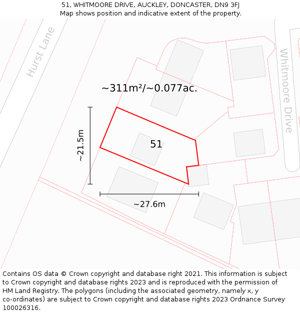 51, WHITMOORE DRIVE, AUCKLEY, DONCASTER, DN9 3FJ: Plot and title map