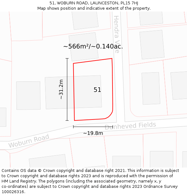 51, WOBURN ROAD, LAUNCESTON, PL15 7HJ: Plot and title map