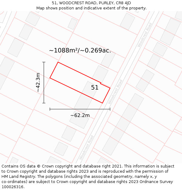 51, WOODCREST ROAD, PURLEY, CR8 4JD: Plot and title map