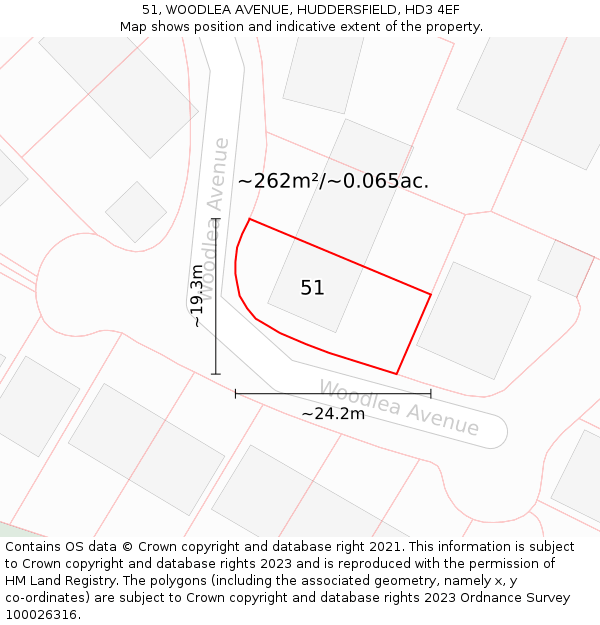 51, WOODLEA AVENUE, HUDDERSFIELD, HD3 4EF: Plot and title map