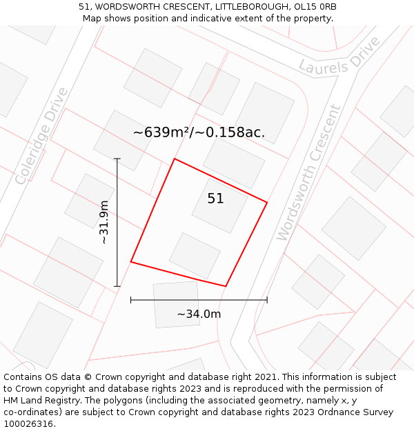 51, WORDSWORTH CRESCENT, LITTLEBOROUGH, OL15 0RB: Plot and title map