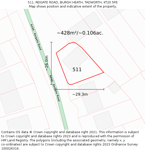 511, REIGATE ROAD, BURGH HEATH, TADWORTH, KT20 5PE: Plot and title map