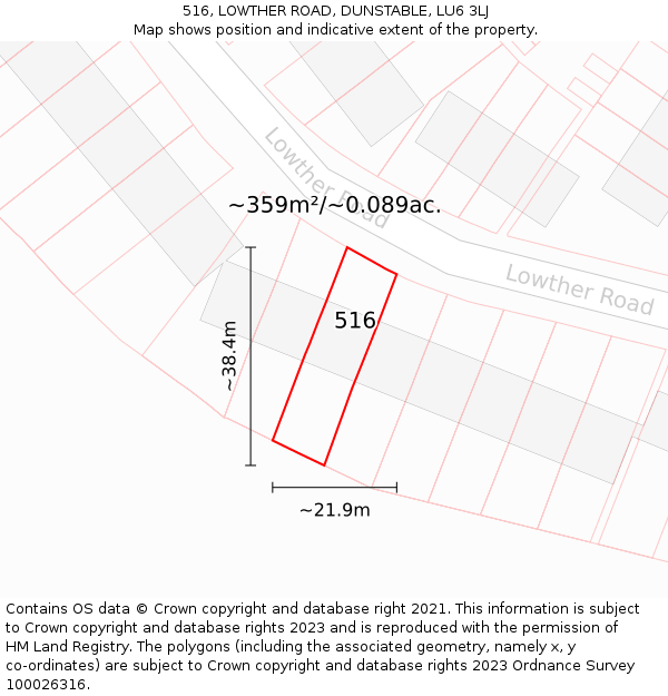 516, LOWTHER ROAD, DUNSTABLE, LU6 3LJ: Plot and title map