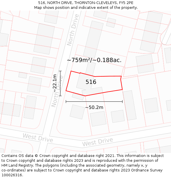516, NORTH DRIVE, THORNTON-CLEVELEYS, FY5 2PE: Plot and title map