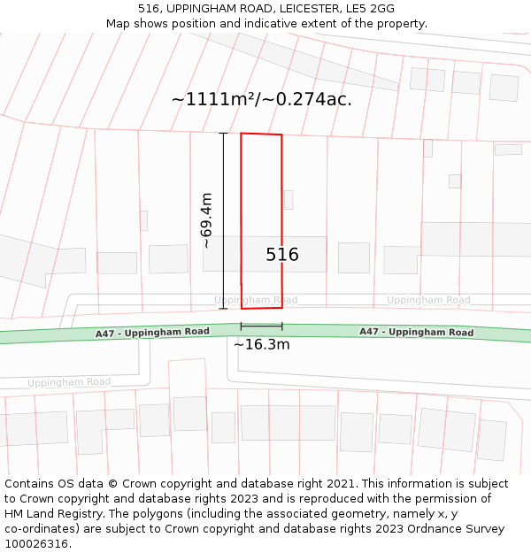 516, UPPINGHAM ROAD, LEICESTER, LE5 2GG: Plot and title map