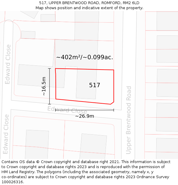 517, UPPER BRENTWOOD ROAD, ROMFORD, RM2 6LD: Plot and title map