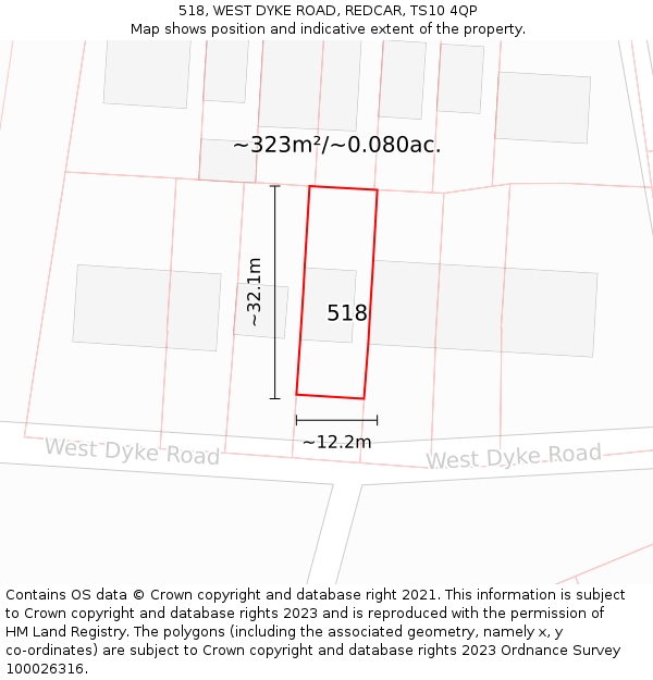 518, WEST DYKE ROAD, REDCAR, TS10 4QP: Plot and title map