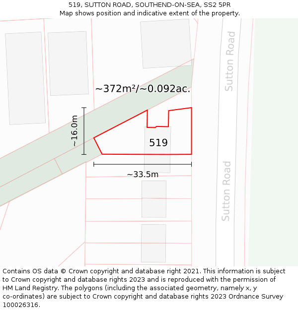 519, SUTTON ROAD, SOUTHEND-ON-SEA, SS2 5PR: Plot and title map