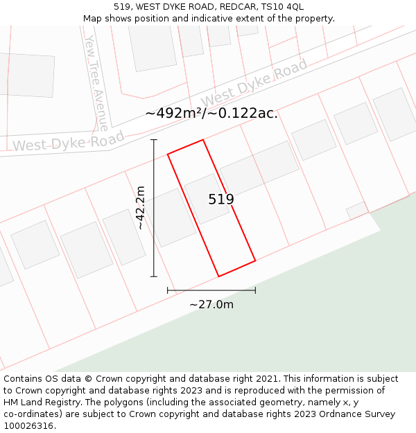519, WEST DYKE ROAD, REDCAR, TS10 4QL: Plot and title map
