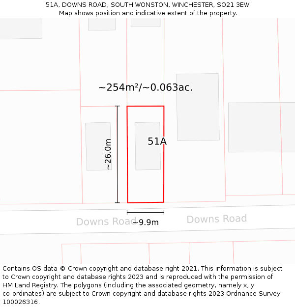 51A, DOWNS ROAD, SOUTH WONSTON, WINCHESTER, SO21 3EW: Plot and title map