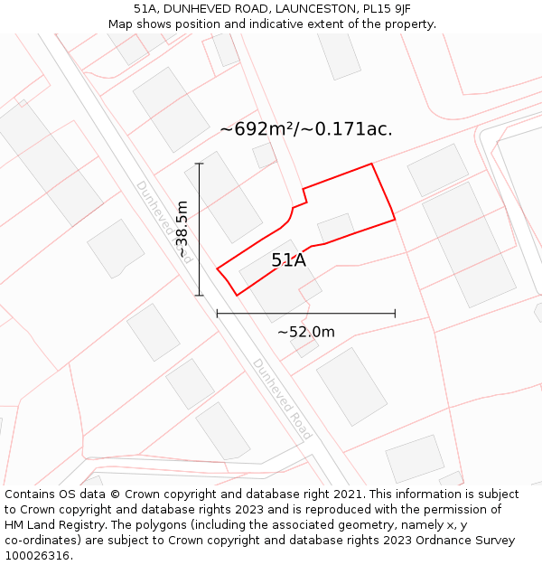 51A, DUNHEVED ROAD, LAUNCESTON, PL15 9JF: Plot and title map