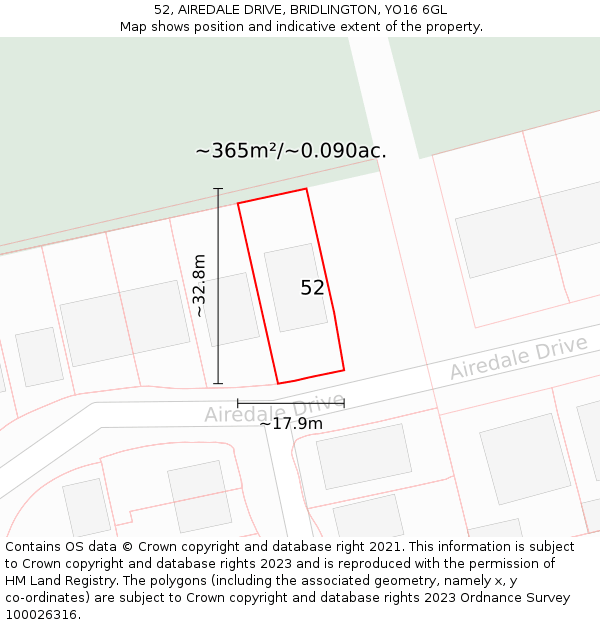 52, AIREDALE DRIVE, BRIDLINGTON, YO16 6GL: Plot and title map