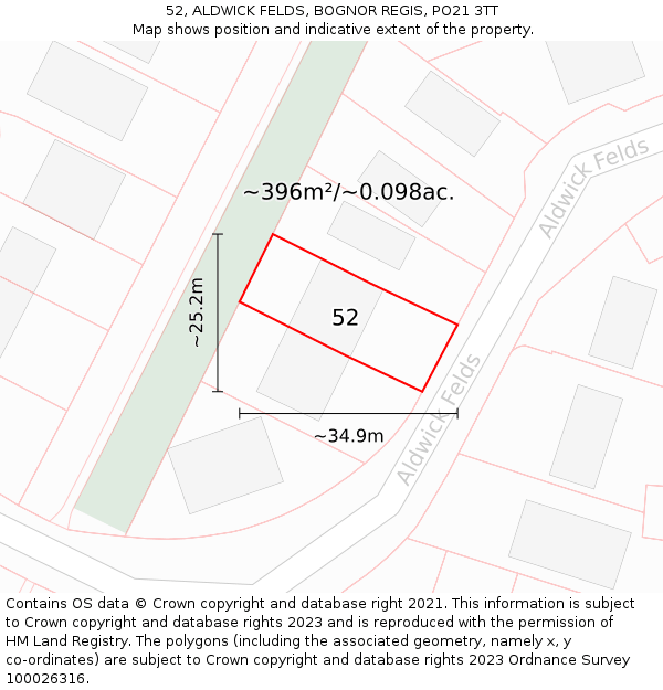 52, ALDWICK FELDS, BOGNOR REGIS, PO21 3TT: Plot and title map