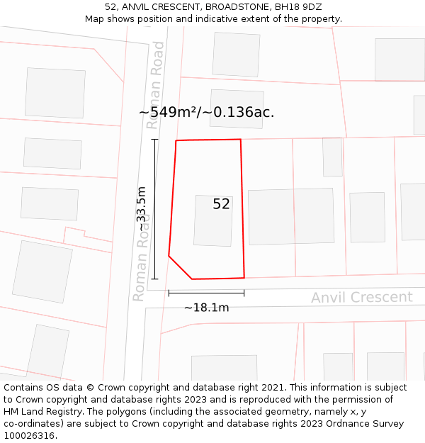 52, ANVIL CRESCENT, BROADSTONE, BH18 9DZ: Plot and title map