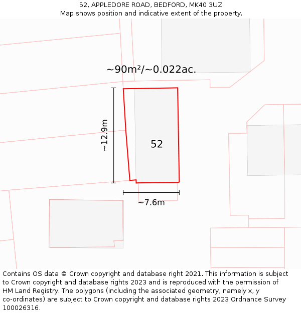 52, APPLEDORE ROAD, BEDFORD, MK40 3UZ: Plot and title map