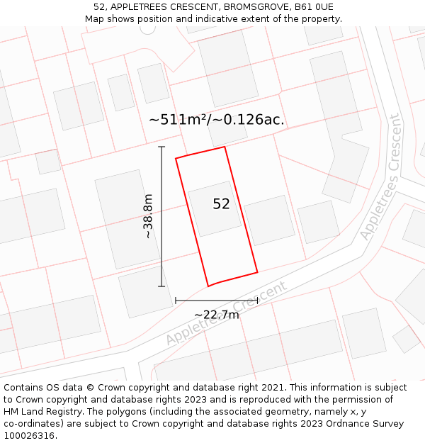 52, APPLETREES CRESCENT, BROMSGROVE, B61 0UE: Plot and title map