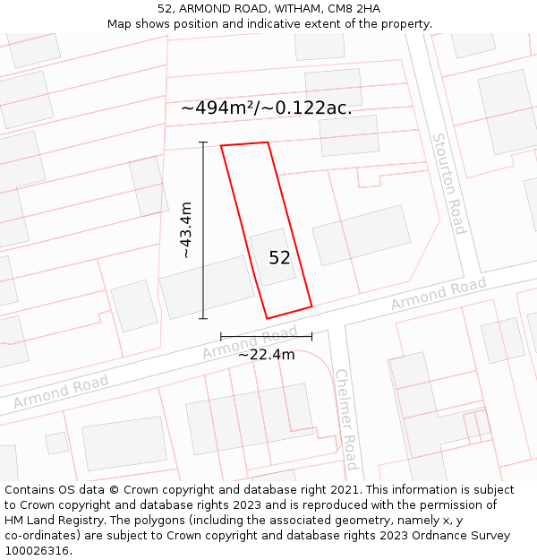 52, ARMOND ROAD, WITHAM, CM8 2HA: Plot and title map