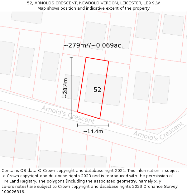 52, ARNOLDS CRESCENT, NEWBOLD VERDON, LEICESTER, LE9 9LW: Plot and title map