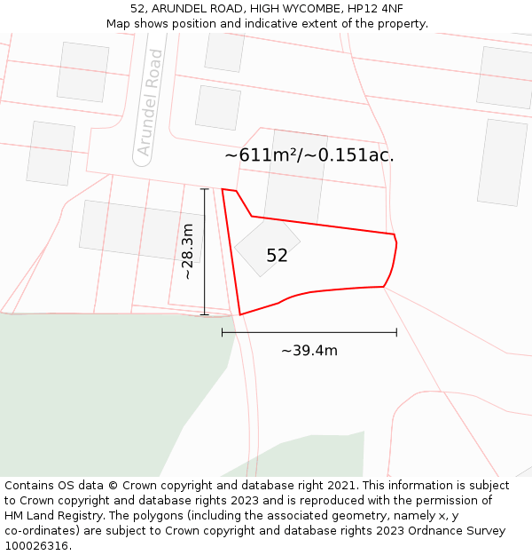 52, ARUNDEL ROAD, HIGH WYCOMBE, HP12 4NF: Plot and title map