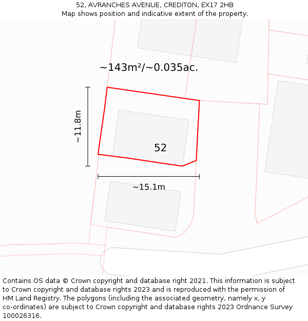 52, AVRANCHES AVENUE, CREDITON, EX17 2HB: Plot and title map