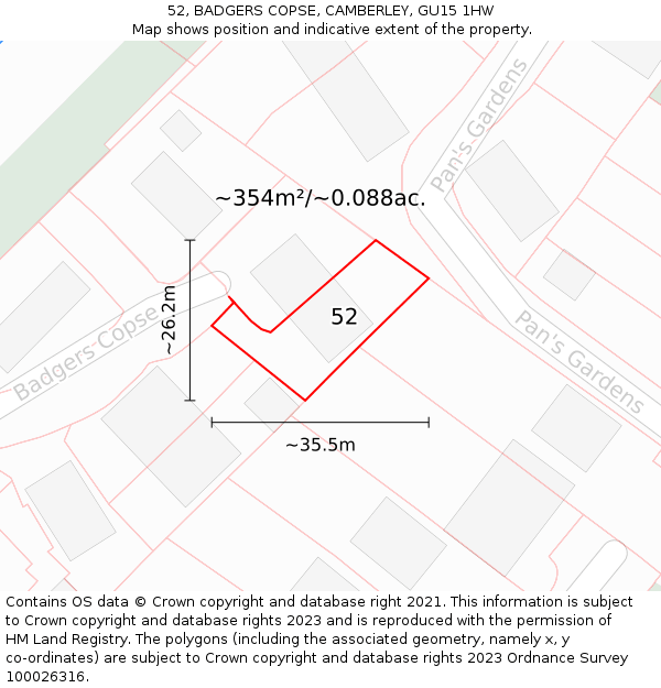 52, BADGERS COPSE, CAMBERLEY, GU15 1HW: Plot and title map