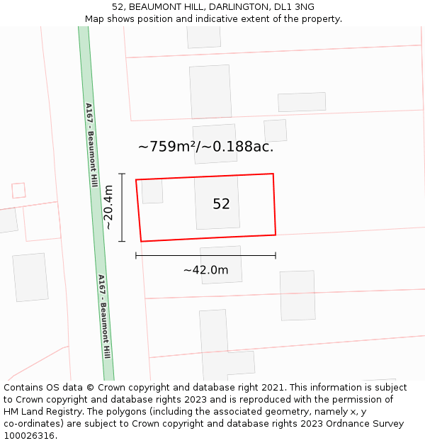 52, BEAUMONT HILL, DARLINGTON, DL1 3NG: Plot and title map